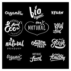 Food lettering Labels with vegetarian and raw food diet designs
