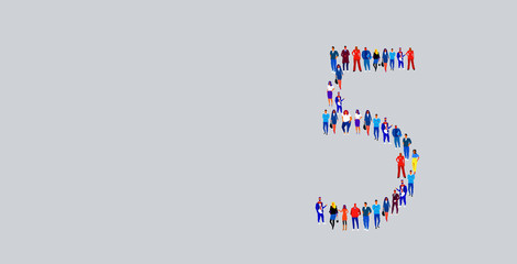 business people crowd gathering in number five 5 shape businesspeople group standing together social media community concept full length