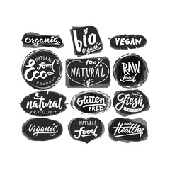 Food lettering Labels with vegetarian and raw food diet designs