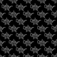 Naklejka na ściany i meble Seamless retro hand drawn teapots, great design for any purposes. Seamless pattern. Teapot hand drawn a pattern in Chinese style on black background. Retro typography. Kettle icon. Isolated vector