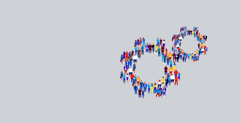 businesspeople crowd gathering in cog wheel mechanism shape different business people group standing together social community teamwork process concept horizontal