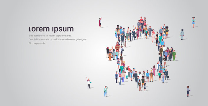 people crowd gathering in gear wheel icon shape social media community teamwork process concept different occupation employees group standing together full length horizontal copy space