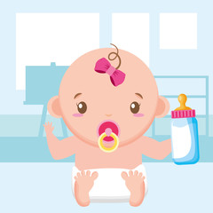 cute little baby girl with milk bottle