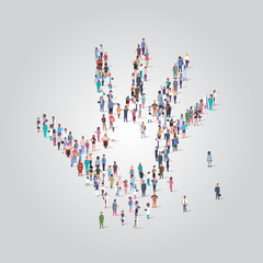 people crowd gathering in shape of palm hand icon social media community concept different occupation employees group standing together full length