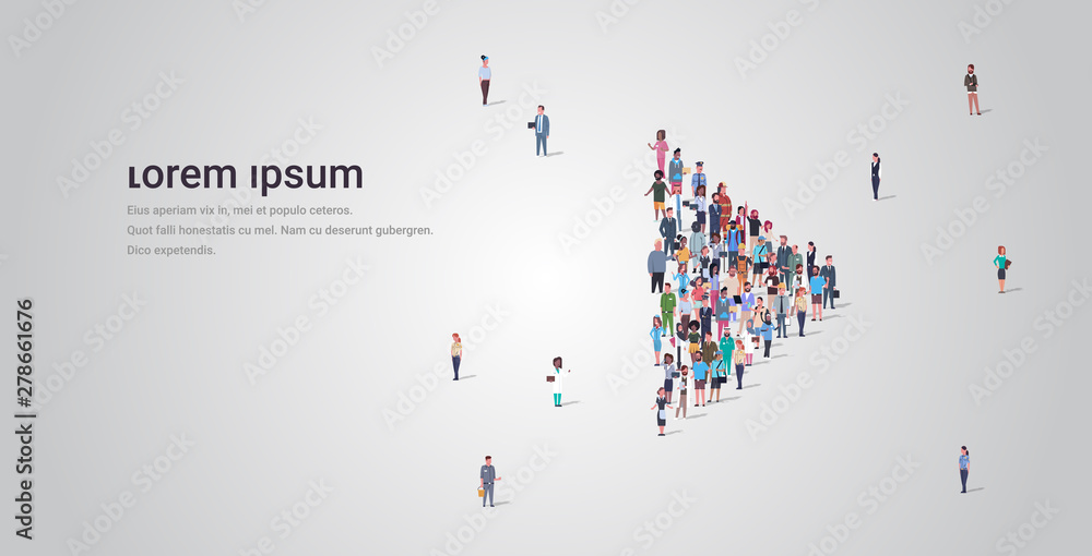 Poster people crowd gathering in play button shape social media community digital player concept different 