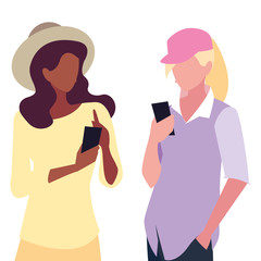 two women using smartphone talking