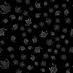 Seamless retro hand drawn teapots, great design for any purposes. Seamless pattern. Teapot hand drawn a pattern in Chinese style on black background. Retro typography. Kettle icon. Isolated vector