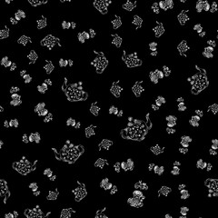 Seamless pattern of teapots and teacups isolated on black background. Chinese seamless pattern of teapots and teacups collection for textile design. Vector outline illustration