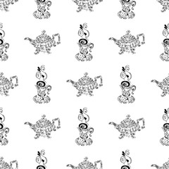 Seamless pattern of teapots and teacups isolated on white background. Chinese seamless pattern of teapots and teacups collection for textile design. Vector outline illustration
