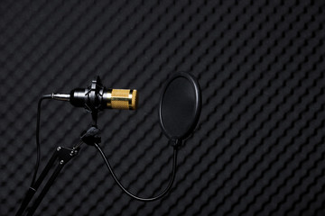 Microphone Condenser, gold mic with filter hang over sound absorbing wall room in dark audio studio, low exposure shadow silhouette studio lighting background copy space