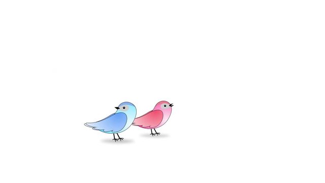Two Cartoon Birds Fly in and Perch on White background