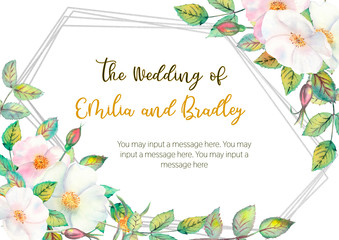 Flowers of white rose hips, red fruits, green leaves, the composition in a geometric Golden frame. Flower poster, invitation. Watercolor compositions for the design of greeting cards or invitations.