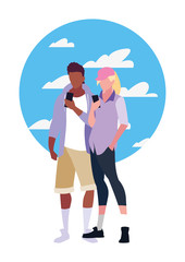 man and woman using smartphone