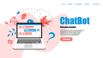 Webpage Template. Chatbot business concept. Communication with chatbot. Artificial intelligence in customer support	