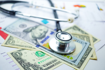 Stethoscope on US dollar banknotes, Finance, Account, Statistics, Analytic research data and Business company  medical health meeting concept