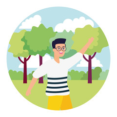 happy man celebrating arms up park