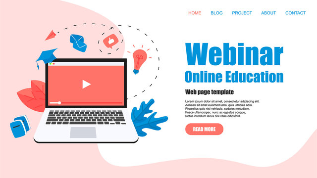 Web Template. Webinar, internet conference, web based seminar, online education, e-learning flat design concept	