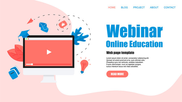 Web Template. Webinar, internet conference, web based seminar, online education, e-learning flat design concept	