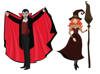 Dracula and the witch. Halloween characters. Isolate on white background. Vector graphics.