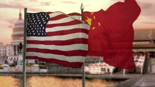 CGI 3D animation of the USA Flag and the China Flag over a composite background of Washington and Beijing