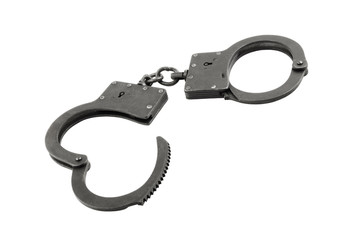 Black metallic handcuffs isolated on white background