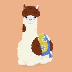 Cartoon llama on an orange background. Vector illustration