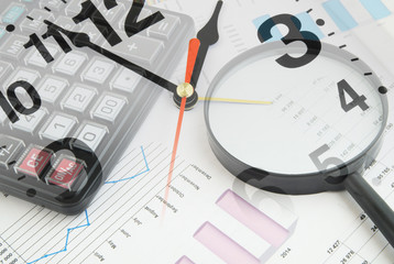 Business time concept with magnifying glass, calculator and financial documents, collage with clock