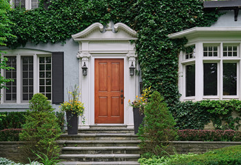  wooden front door of house covered by ivy