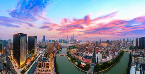 Fototapeta premium Shanghai skyline panoramic view at sunset,China