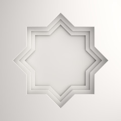 Empty arabic paper cut window on white background. Design creative concept of islamic celebration day ramadan kareem or eid al fitr adha. 3D rendering illustration.