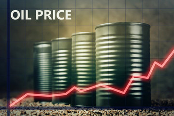 Several barrels of oil and a red graph up - concept of higher oil prices
