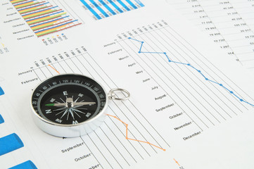 Navigation in financial world, compass on financial charts and graphs