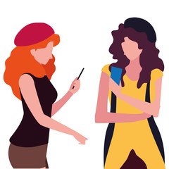 two women using smartphone talking