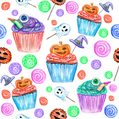 Halloween sweets pattern. Hand drawn, watercolor, halloween background, pumpkins, sweets, eyeballs, candies, ghost. Design for halloween party, gift paper, wallpaper, covering design.