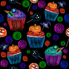 Halloween sweets pattern. Hand drawn, watercolor, halloween background, pumpkins, sweets, eyeballs, candies, ghost. Design for halloween party, gift paper, wallpaper, covering design.