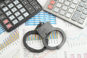 Financial fraud concept, calculators and handcuffs on financial documents