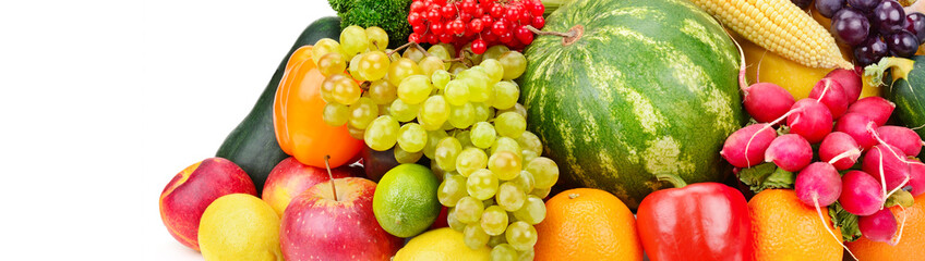 Fruits and vegetables isolated on a white background. Wide photo.