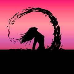 silhouette of a girl with long hair. head sweep and splashing seawater