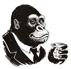 Black smiling gorilla with a glass of whiskey. Ink black and white illustration