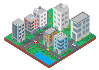 Isometric Building vector. Two building on Yard with road and trees.building 3d , smart city,Vector office and town apartment concept.