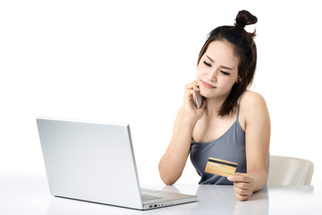 Thai woman shopping online studio shot