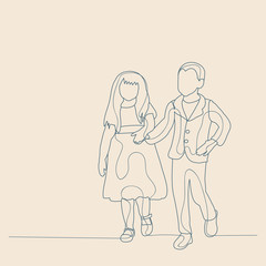 vector, isolated, sketch with lines, kids, friendship