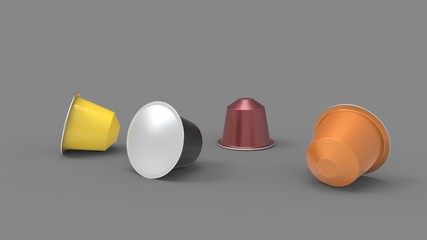 3d rendering of multiple colored coffee capsules different flavours