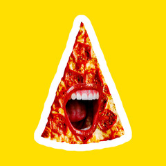 Pizza Art Collage. Concept of pizza mouth with red lips. A collage of paintings of modern art. The mad mouth shouts to the pizza lover. Fashionable yellow color.