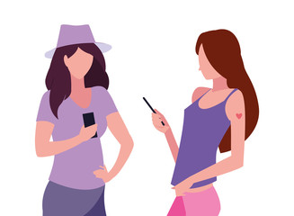 two women using smartphone talking