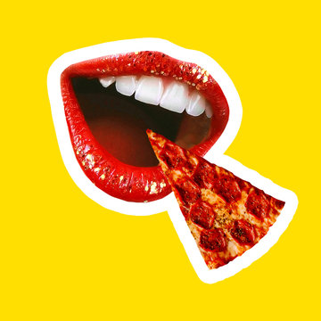 Pizza Art Collage. Concept of pizza mouth with red lips. A collage of paintings of modern art. The mad mouth shouts to the pizza lover. Fashionable yellow color.