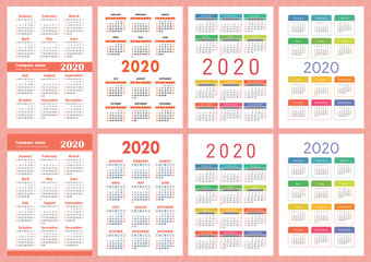 Calendar 2020. Week starts on Sunday. Vector template collection. Colorful English pocket calender set