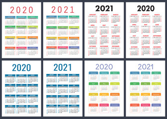 Calendar 2020, 2021 years. Colorful vector set. Week starts on Sunday. Vertical English calender design template