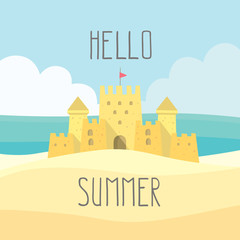 Hello summer illustration with sand castle
