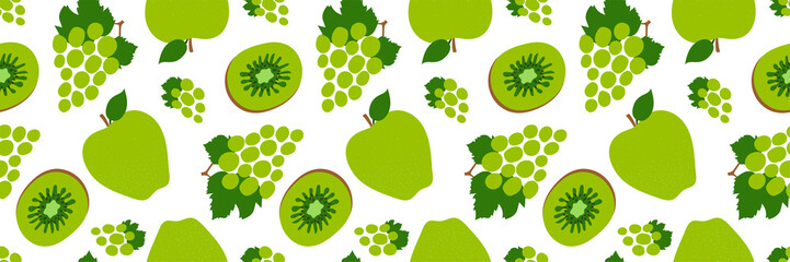 Grapes, kiwi and apple seamless pattern. Green sweet fruits. Fashion design. Food print for dress, textile, curtain or linens. Hand drawn vector sketch background. Vegan menu